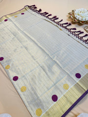 Vadamalli Golden Polka Stripes Tissue Set Saree With Tassels