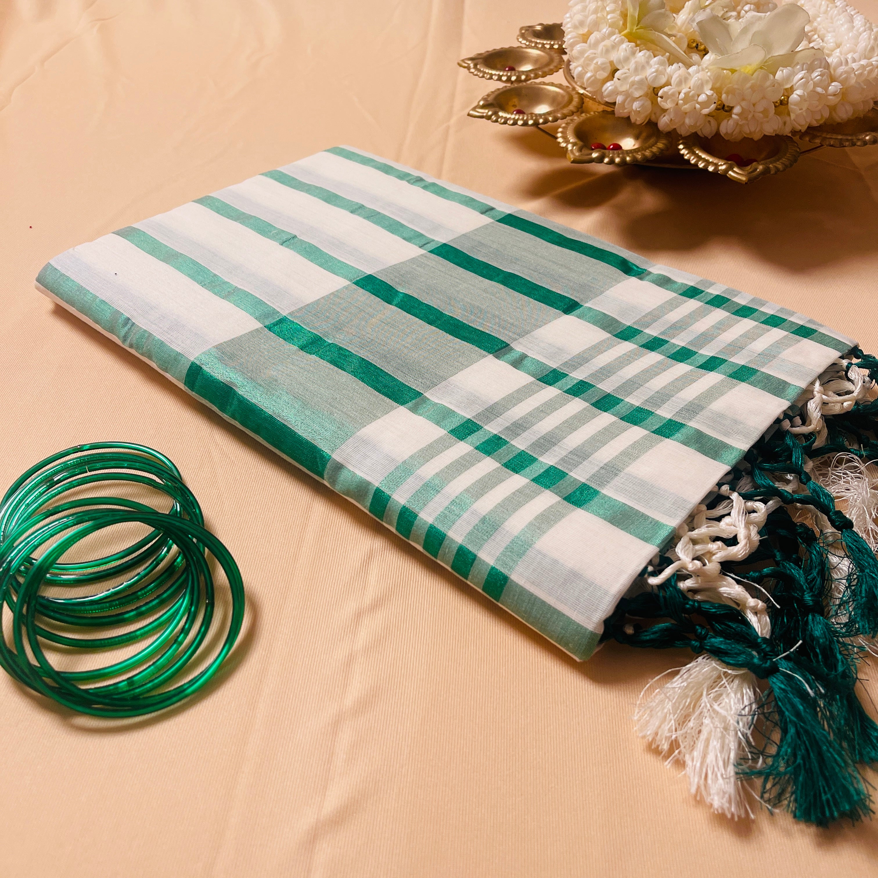 Green Stripes Cotton Set Saree with Tassels