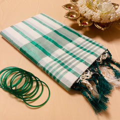 Green Stripes Cotton Set Saree with Tassels