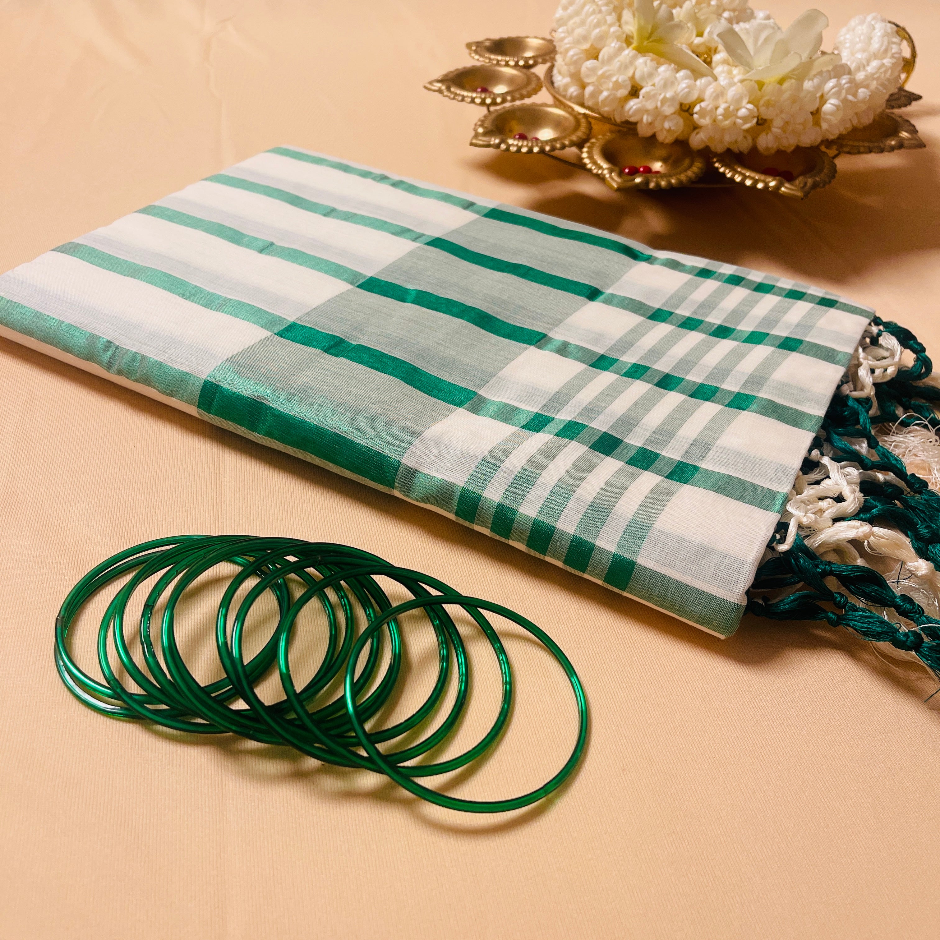 Green Stripes Cotton Set Saree with Tassels