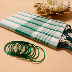 Green Stripes Cotton Set Saree with Tassels