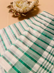 Green Stripes Cotton Set Saree with Tassels