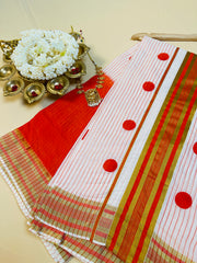 Polka dot Orange Stripes Cotton Set Saree