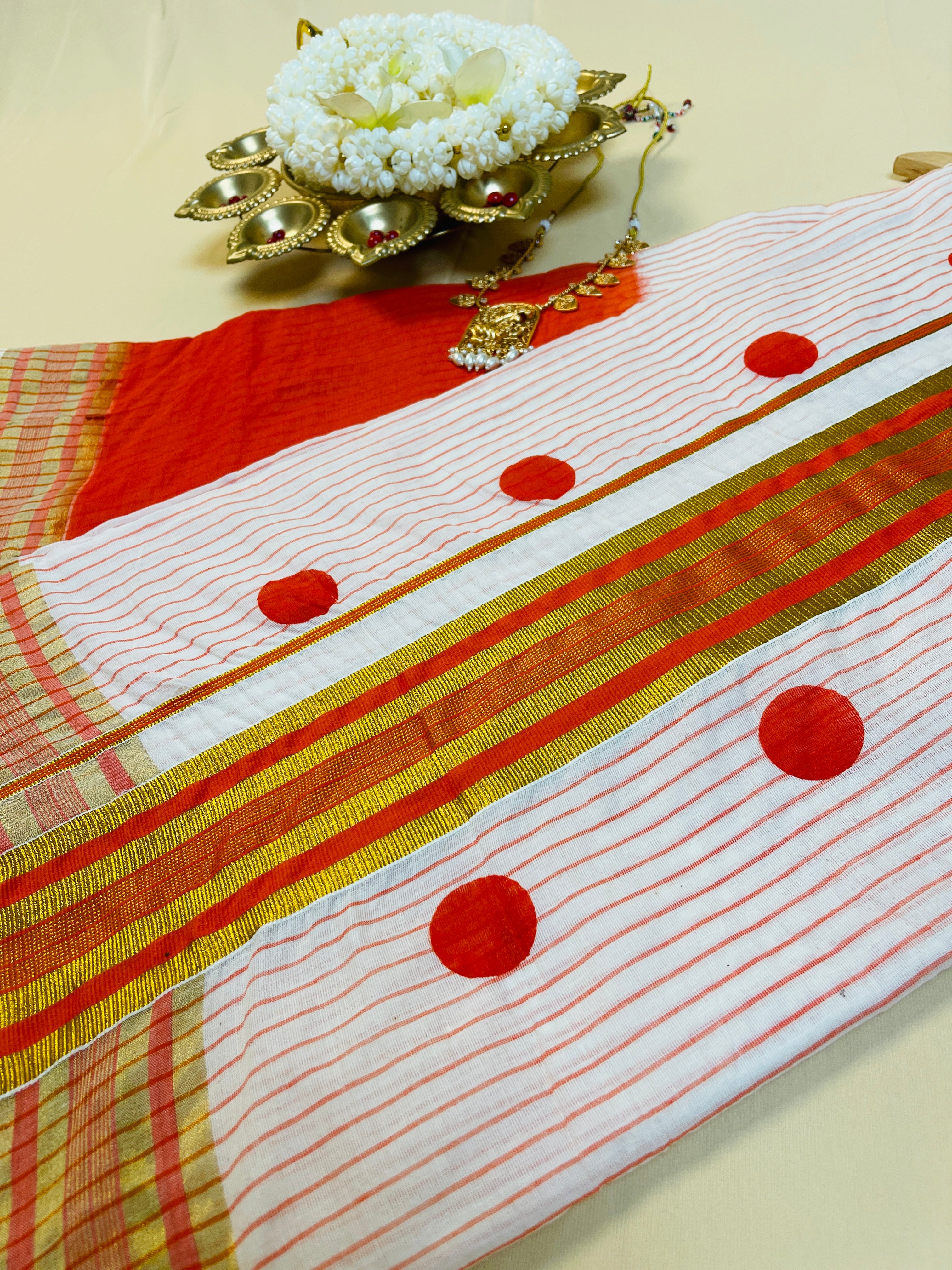 Polka dot Orange Stripes Cotton Set Saree