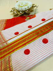 Polka dot Orange Stripes Cotton Set Saree
