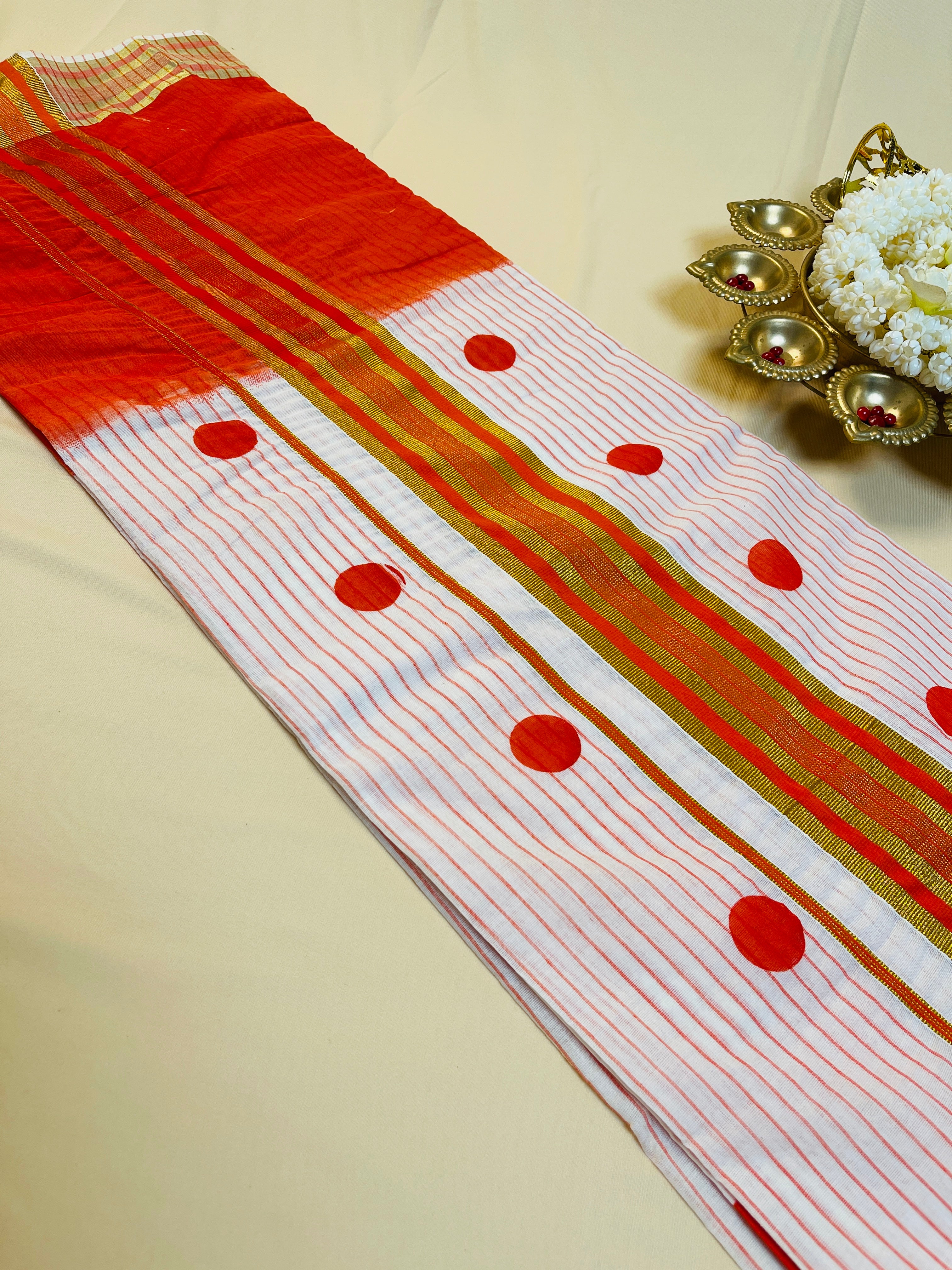 Polka dot Orange Stripes Cotton Set Saree
