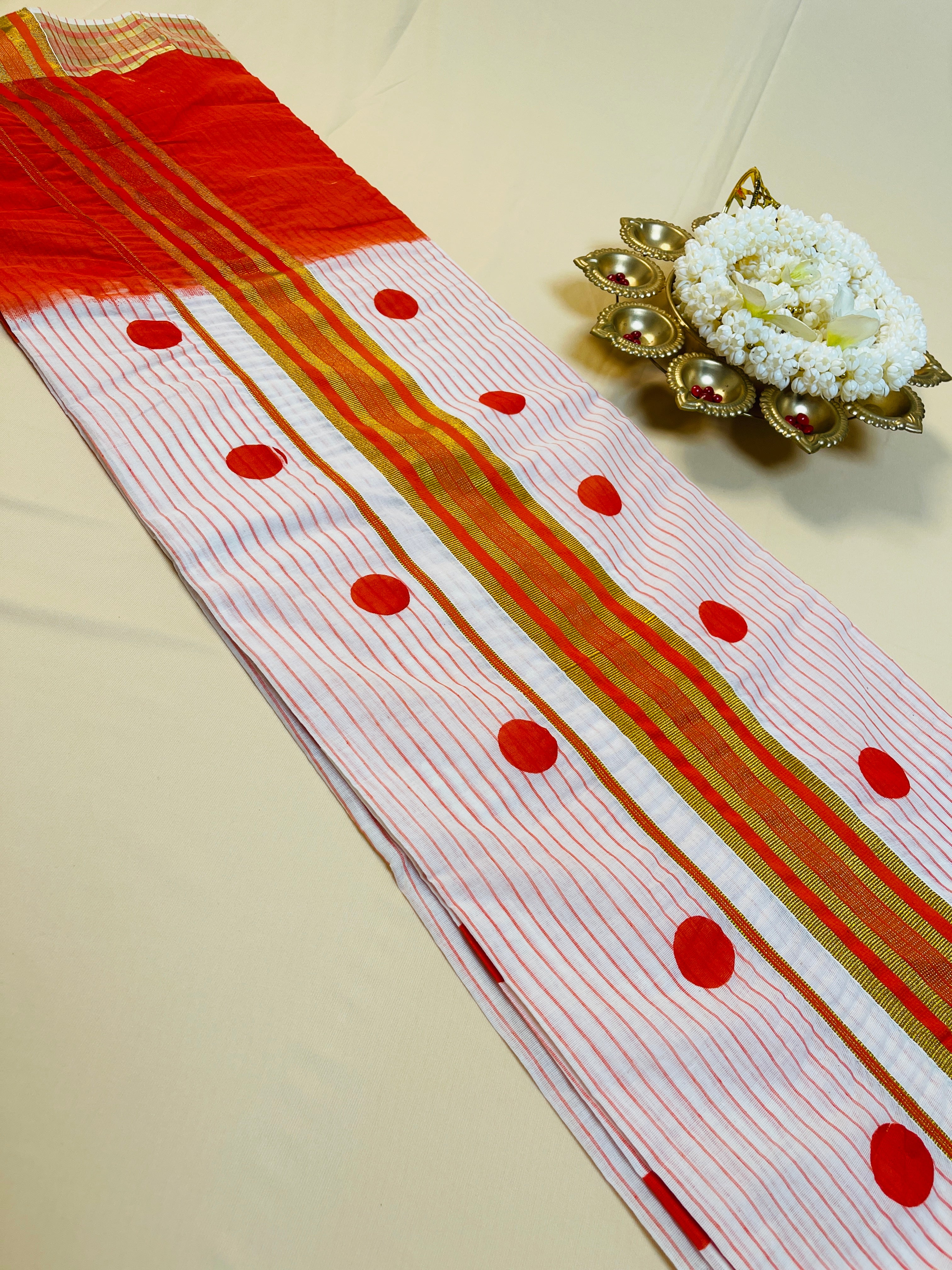 Polka dot Orange Stripes Cotton Set Saree