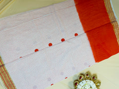 Polka dot Orange Stripes Cotton Set Saree
