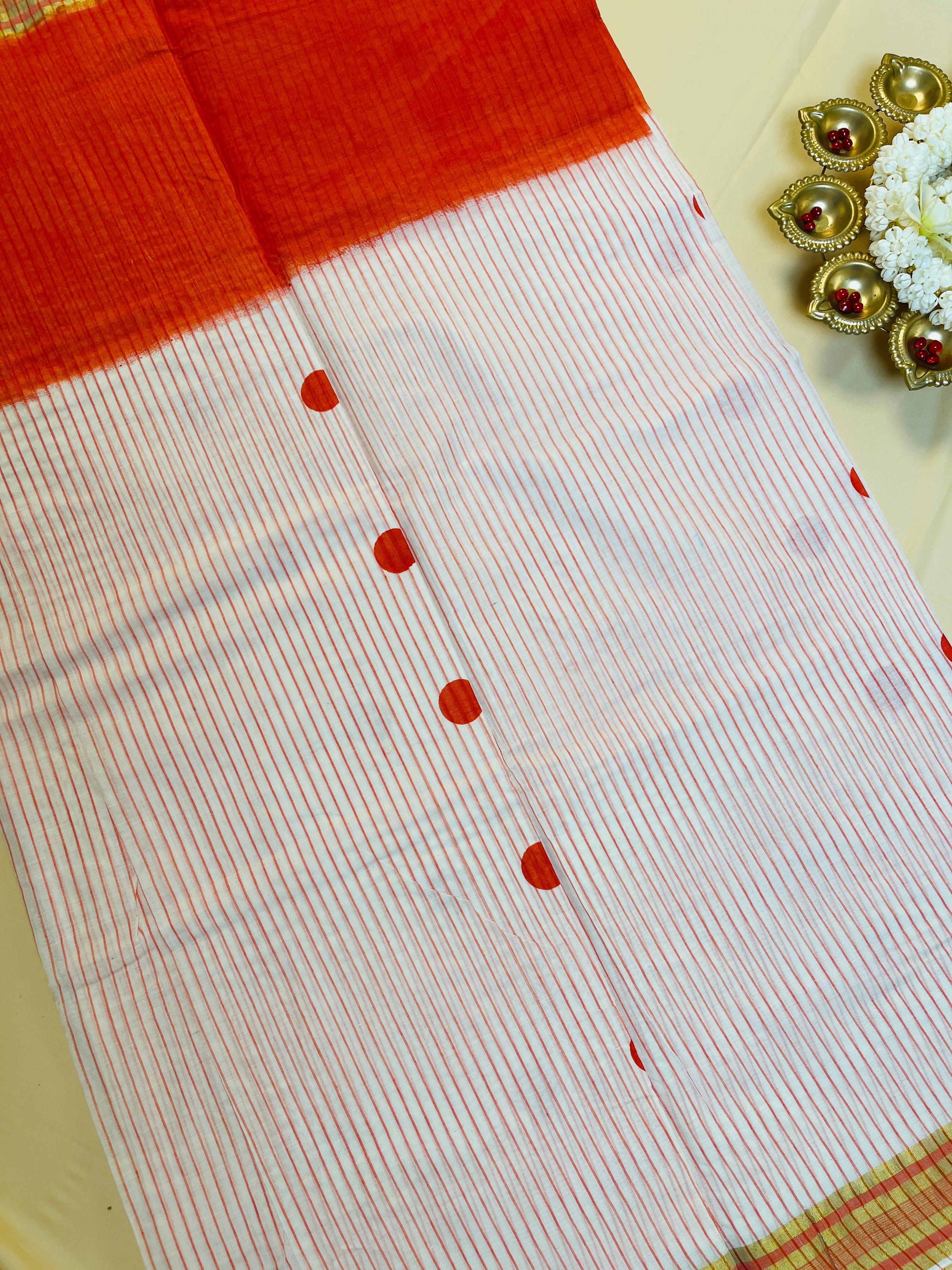 Polka dot Orange Stripes Cotton Set Saree