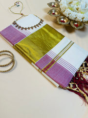Purple & Off White Golden Border Cotton Set Saree with Tassels