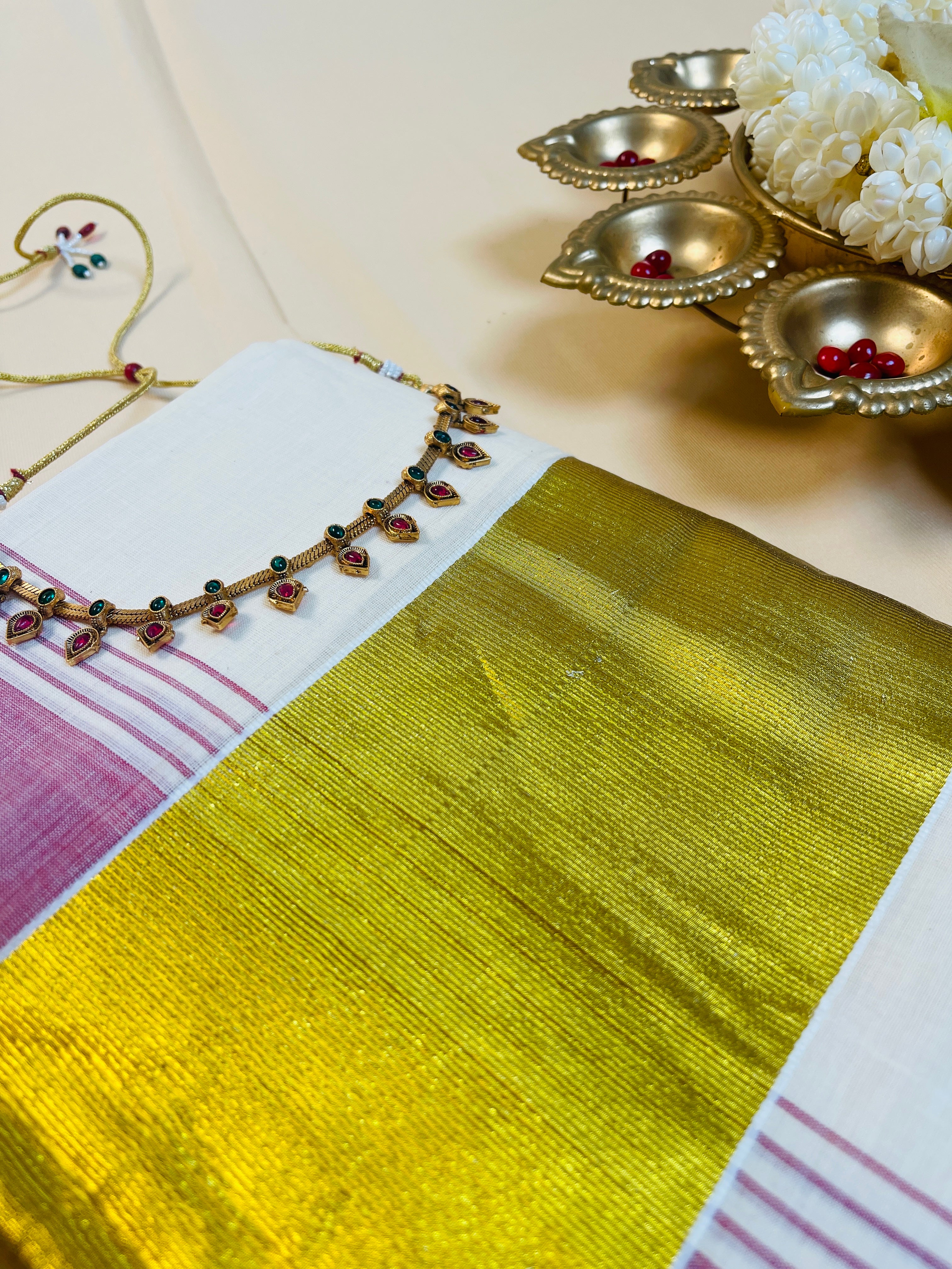 Purple & Off White Golden Border Cotton Set Saree with Tassels