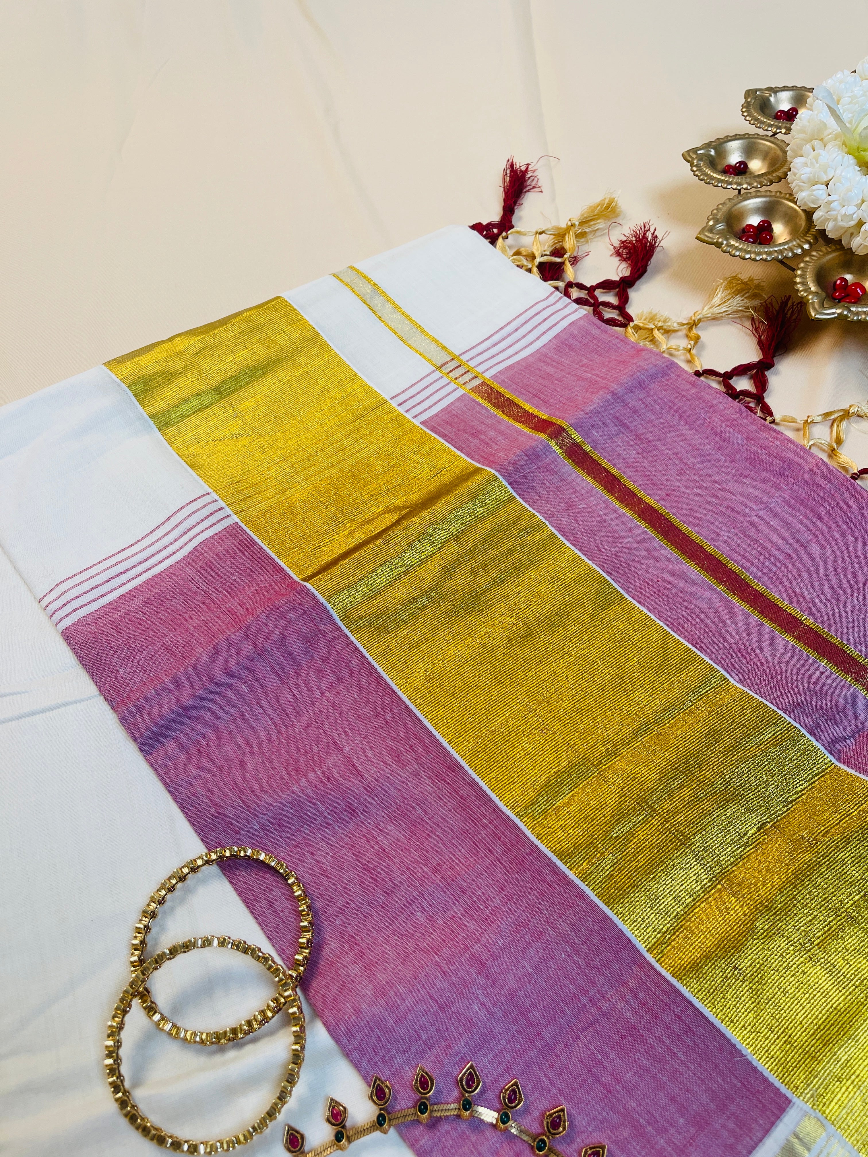 Purple & Off White Golden Border Cotton Set Saree with Tassels
