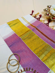 Purple & Off White Golden Border Cotton Set Saree with Tassels