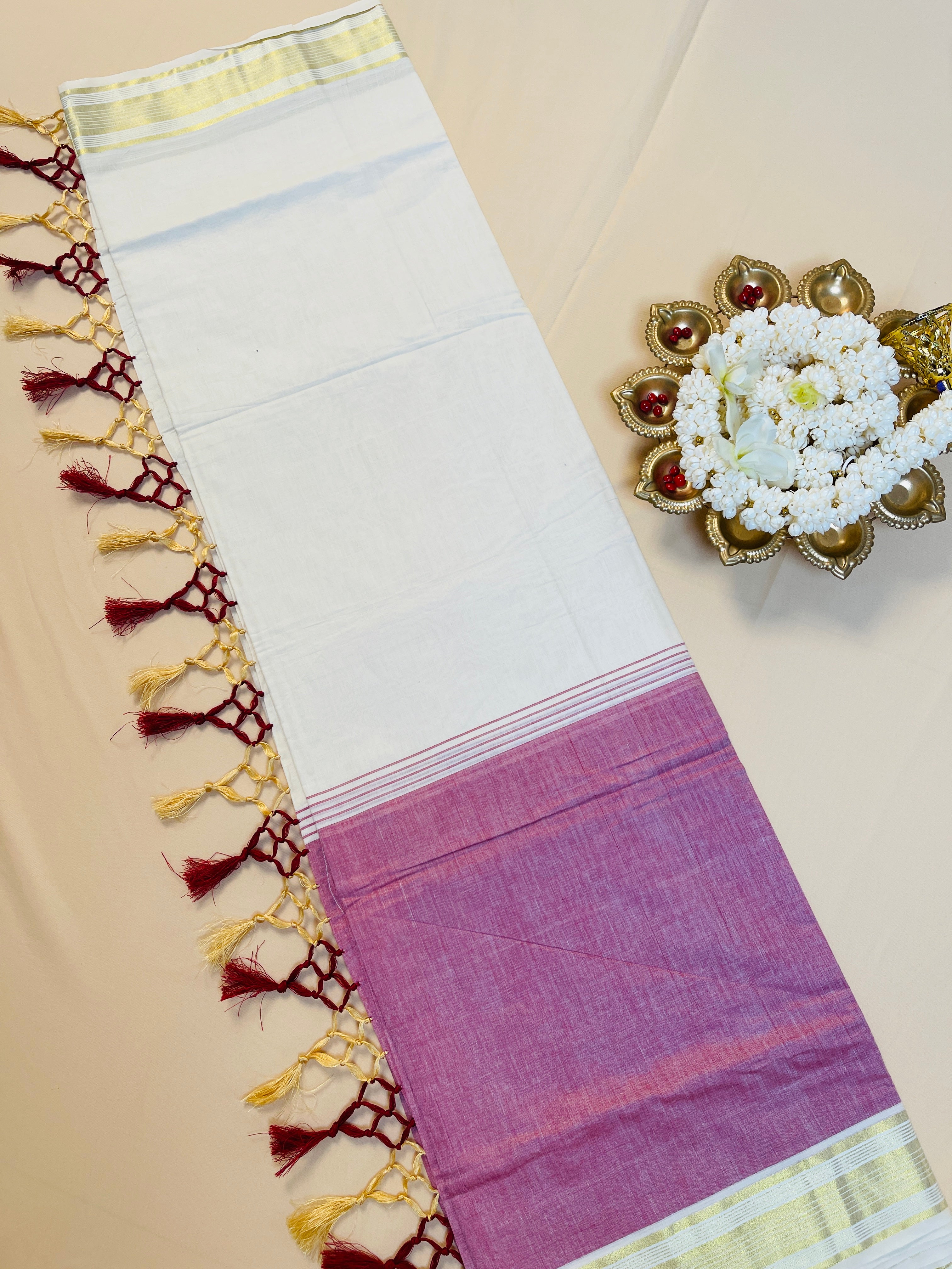 Purple & Off White Golden Border Cotton Set Saree with Tassels
