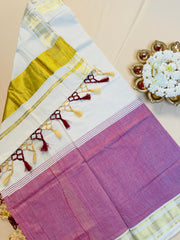 Purple & Off White Golden Border Cotton Set Saree with Tassels