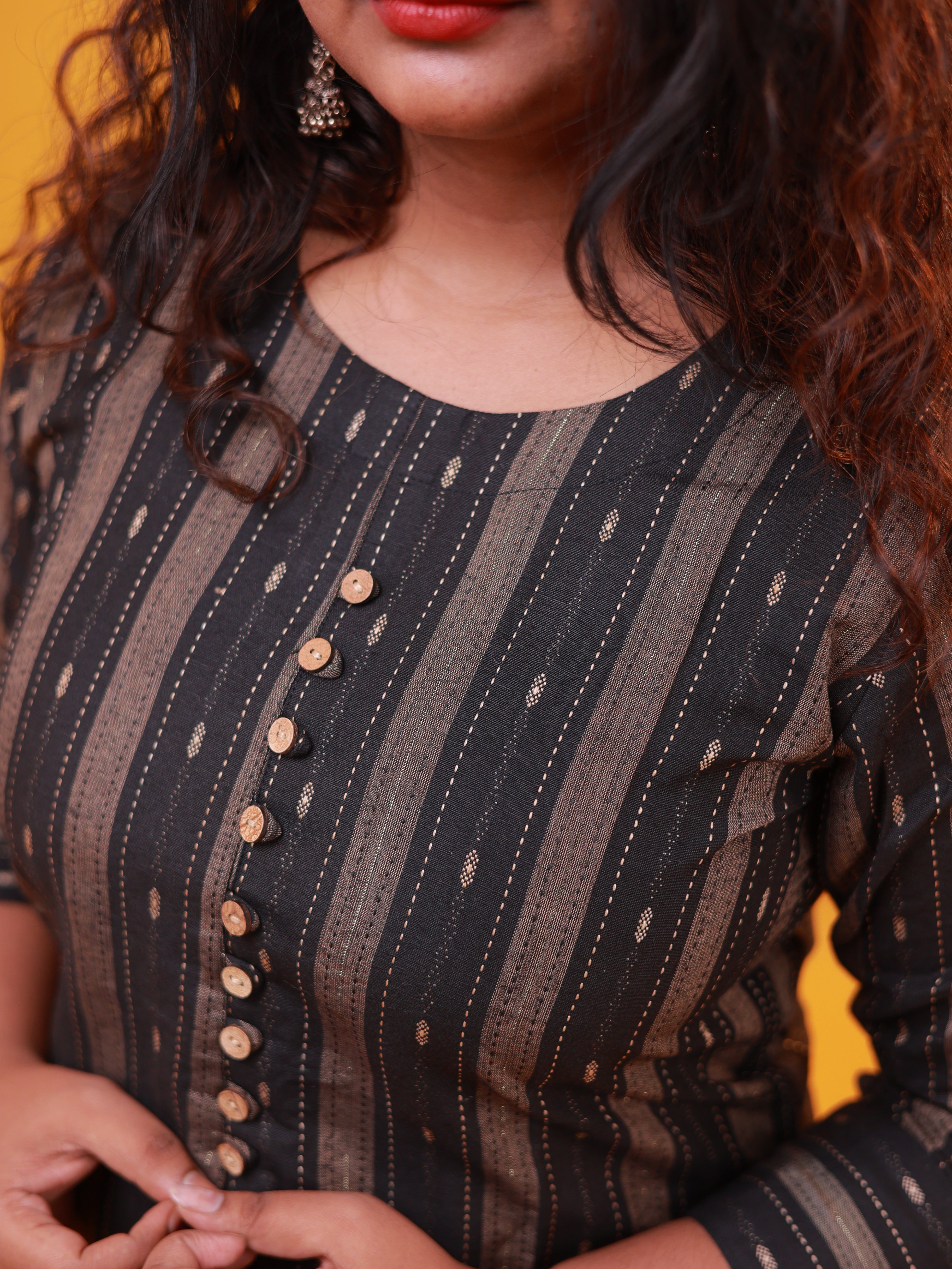 Black & Golden Striped Straight Kurti with Front Buttons