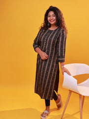 Black & Golden Striped Straight Kurti with Front Buttons