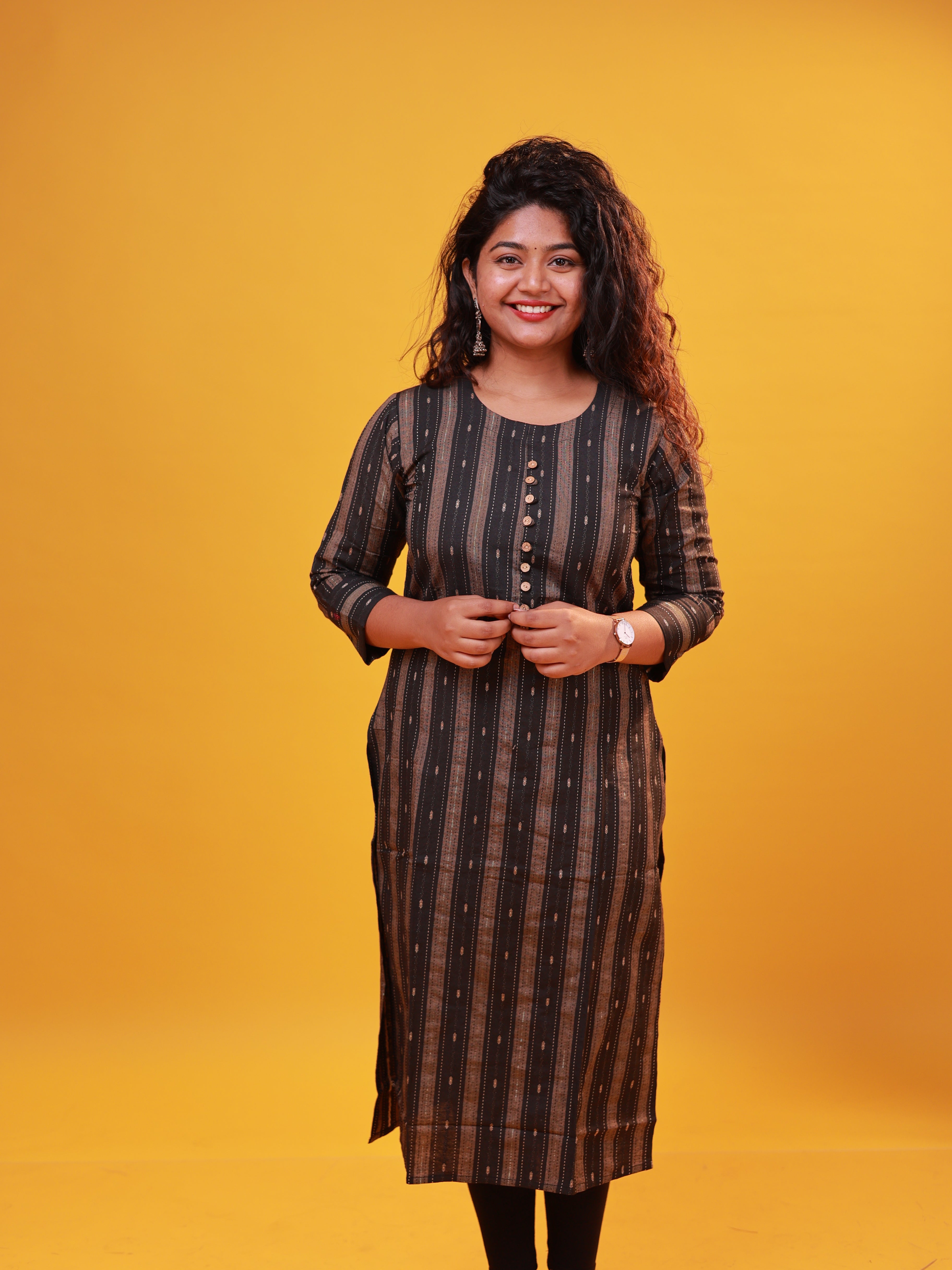 Black & Golden Striped Straight Kurti with Front Buttons