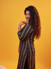 Black & Golden Striped Straight Kurti with Front Buttons
