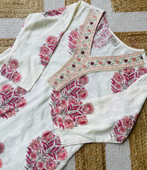 CREAM V-NECK SOFT RAYON FLORAL KURTA - SU 419