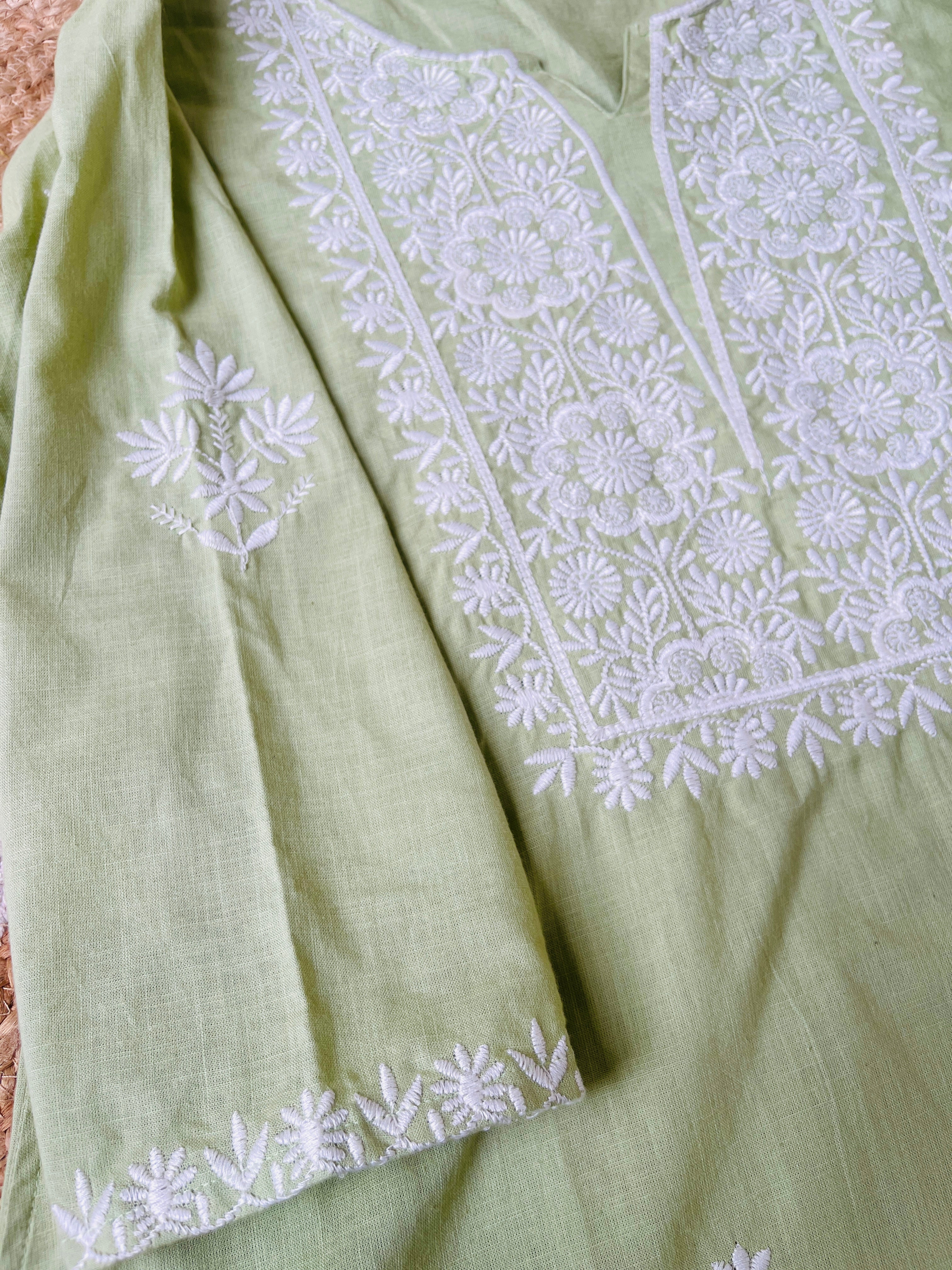 PASTEL GREEN TOP WITH WHITE EMBROIDERY WORK - SU 417