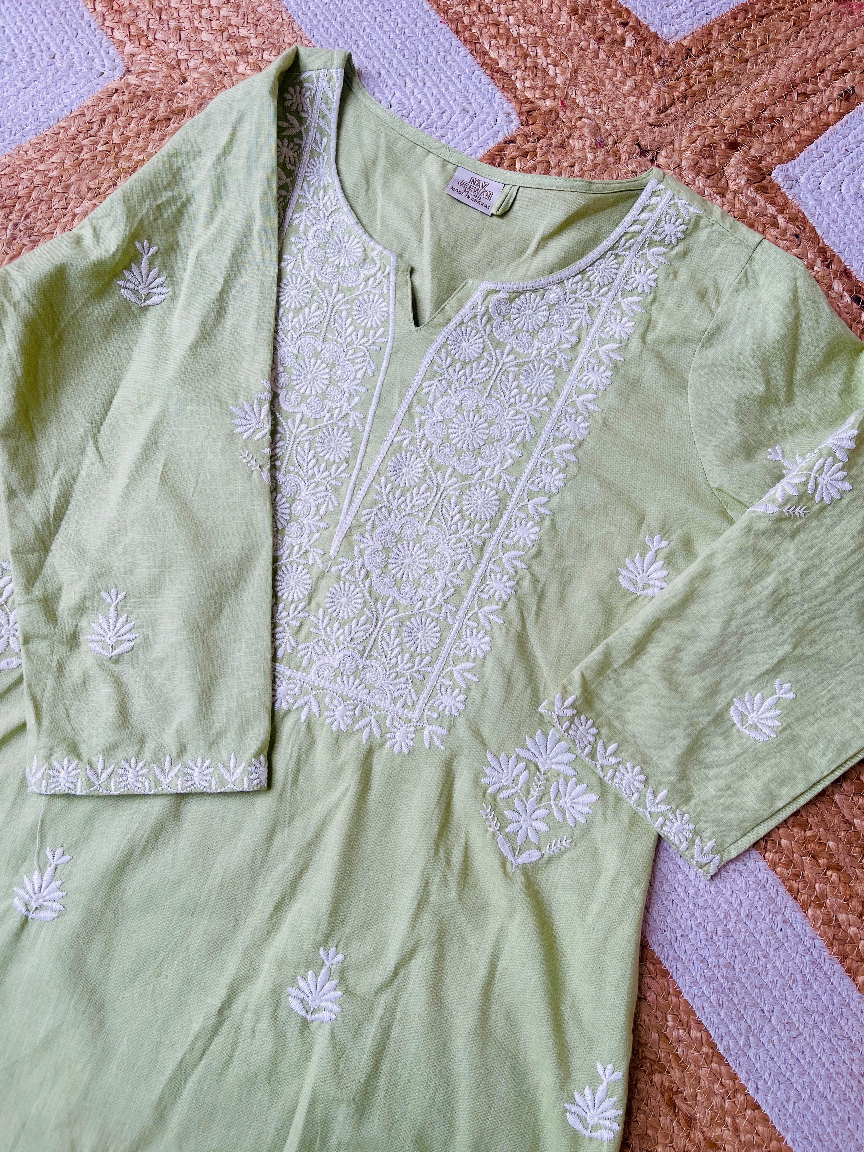 PASTEL GREEN TOP WITH WHITE EMBROIDERY WORK - SU 417