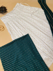 White & Dark Green Cotton Kurta Set with Dupatta