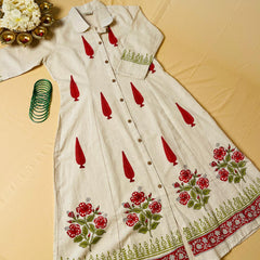 White & Red Floral Hand-Printed Dress