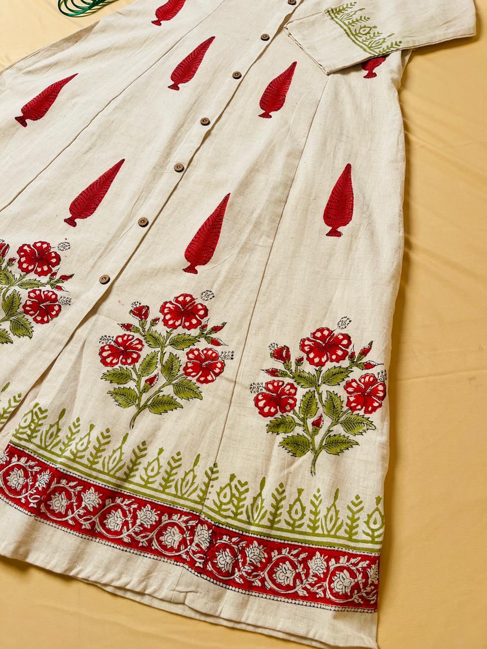 White & Red Floral Hand-Printed Dress
