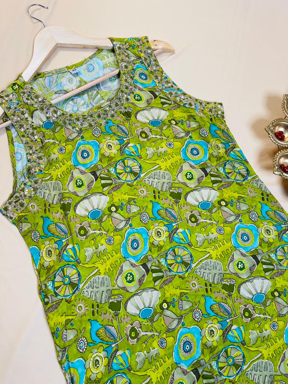 Lime Green Floral Print Kurta with Embellished Neck