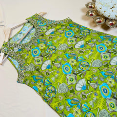 Lime Green Floral Print Kurta with Embellished Neck