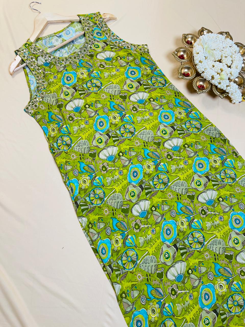 Lime Green Floral Print Kurta with Embellished Neck
