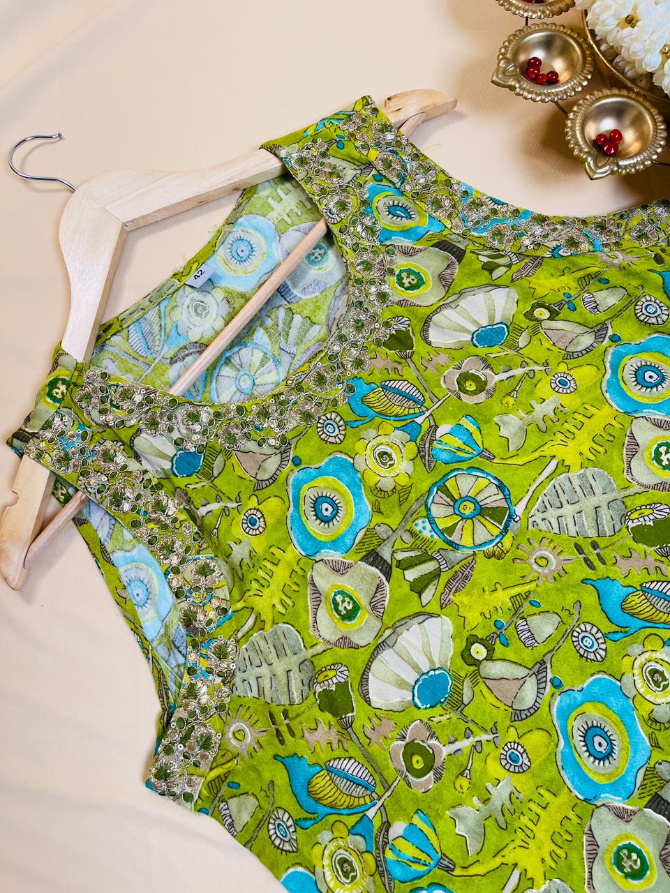 Lime Green Floral Print Kurta with Embellished Neck