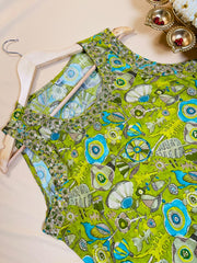 Lime Green Floral Print Kurta with Embellished Neck