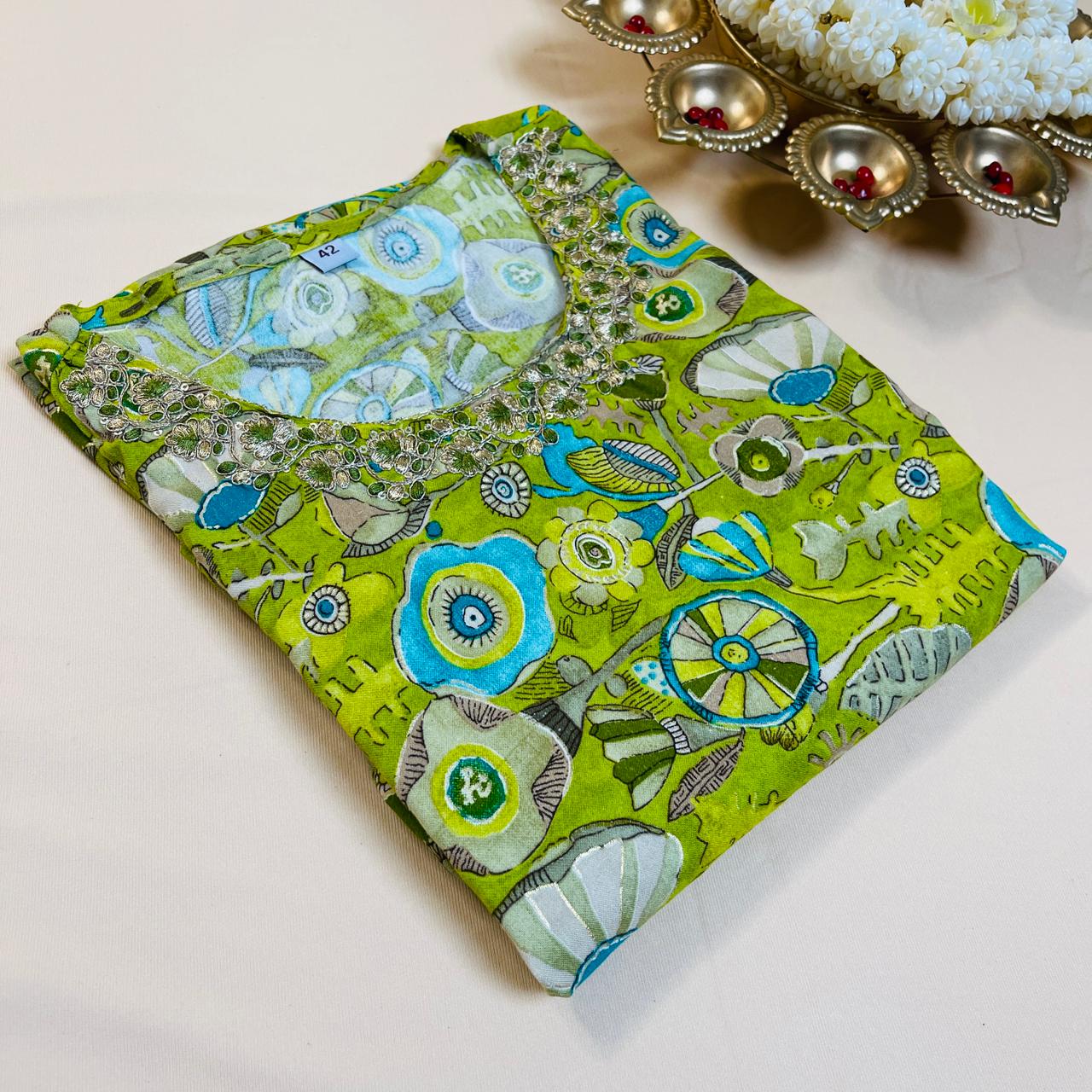 Lime Green Floral Print Kurta with Embellished Neck