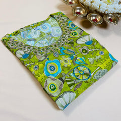 Lime Green Floral Print Kurta with Embellished Neck