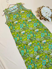 Lime Green Floral Print Kurta with Embellished Neck