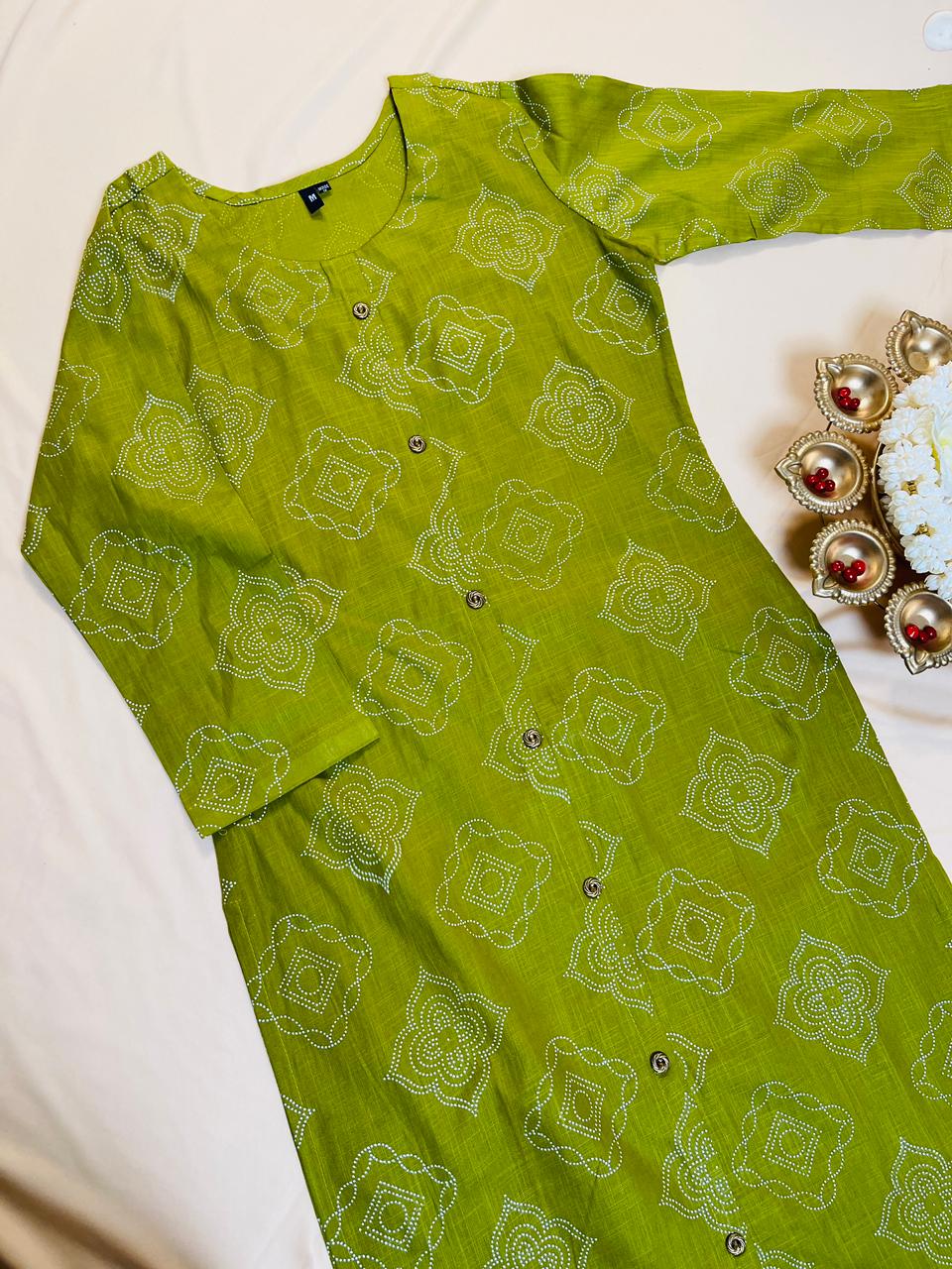 Apple Green Bandhani Print Cotton Kurti