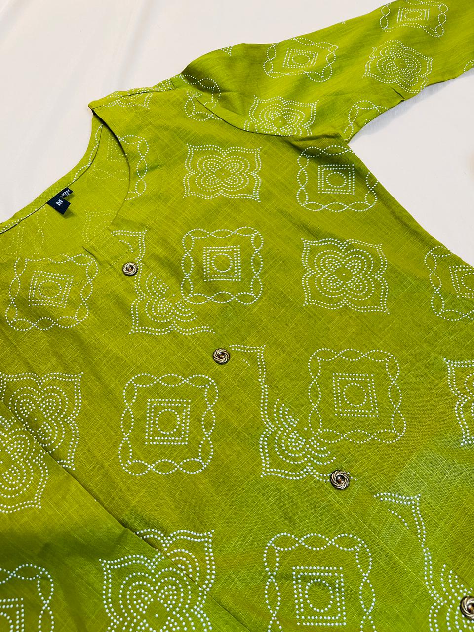 Apple Green Bandhani Print Cotton Kurti