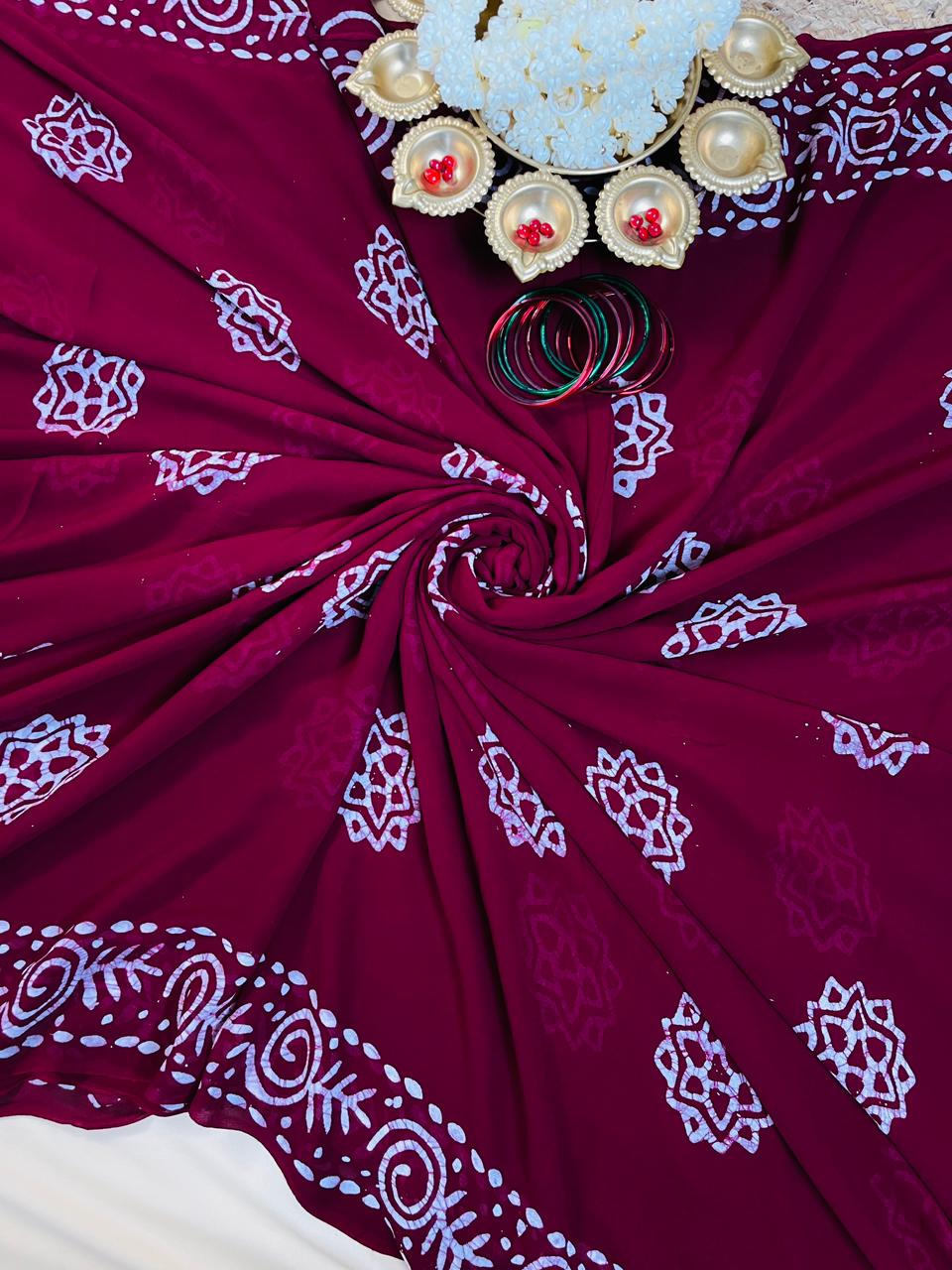 Maroon Batik Print Georgette Saree