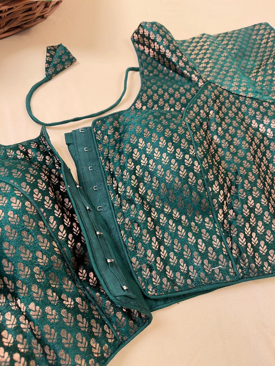 Festive Green Brocade Silk Blouse with Copper Zari Work – Ready to Wear