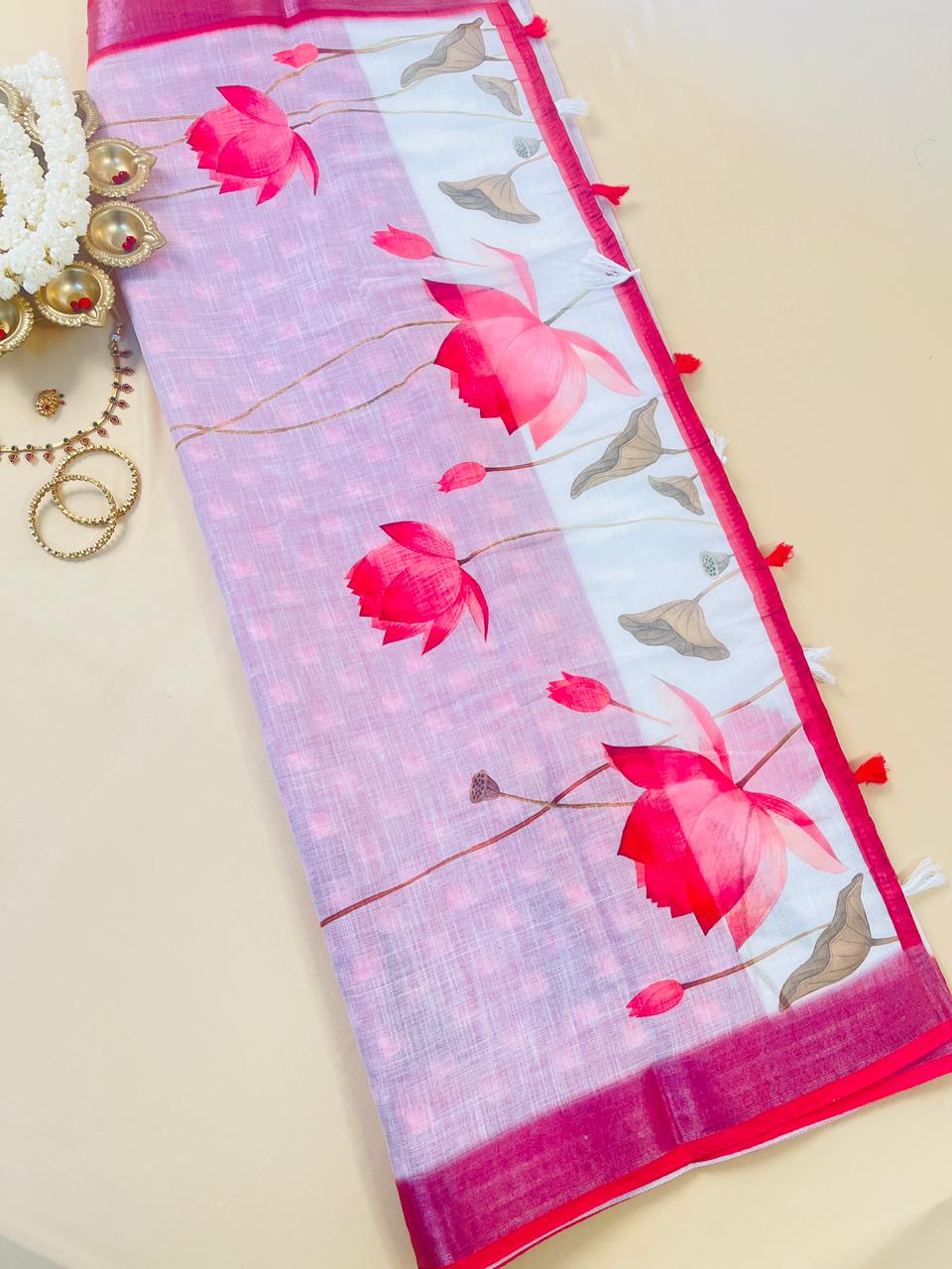 SU 568 White Linen Saree with Pink Lotus Print - Elegant Casual Wear