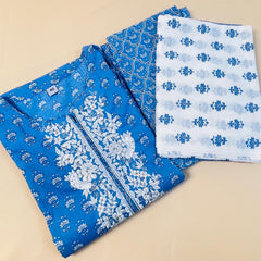 Elegant Blue Floral Cotton Kurta Set with Dupatta – 3-Piece SET