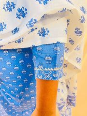 Elegant Blue Floral Cotton Kurta Set with Dupatta – 3-Piece SET