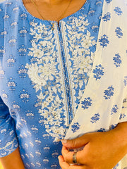 Elegant Blue Floral Cotton Kurta Set with Dupatta – 3-Piece SET