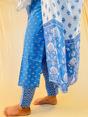 Elegant Blue Floral Cotton Kurta Set with Dupatta – 3-Piece SET
