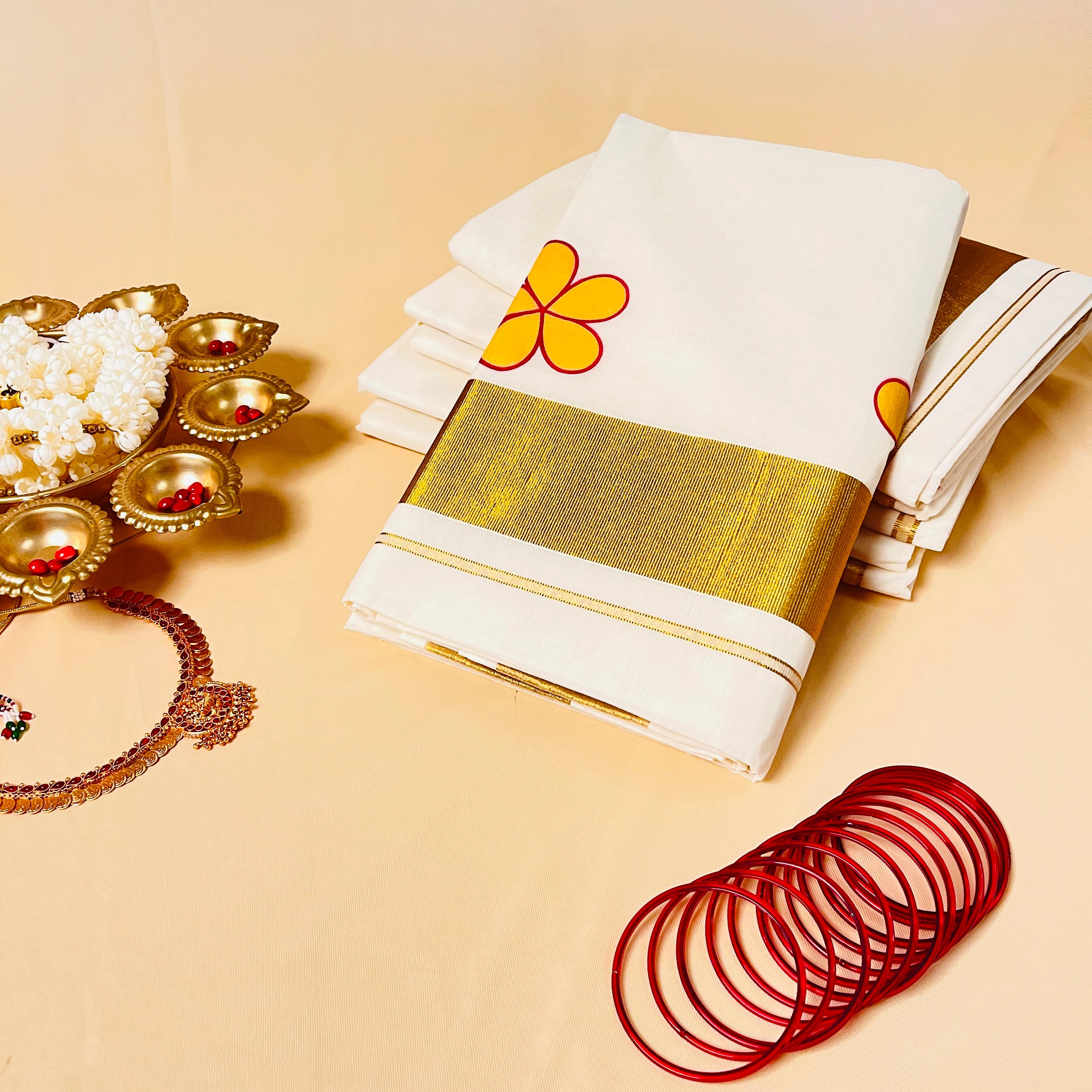 Avanthika Pink&Yellow flower Set Saree