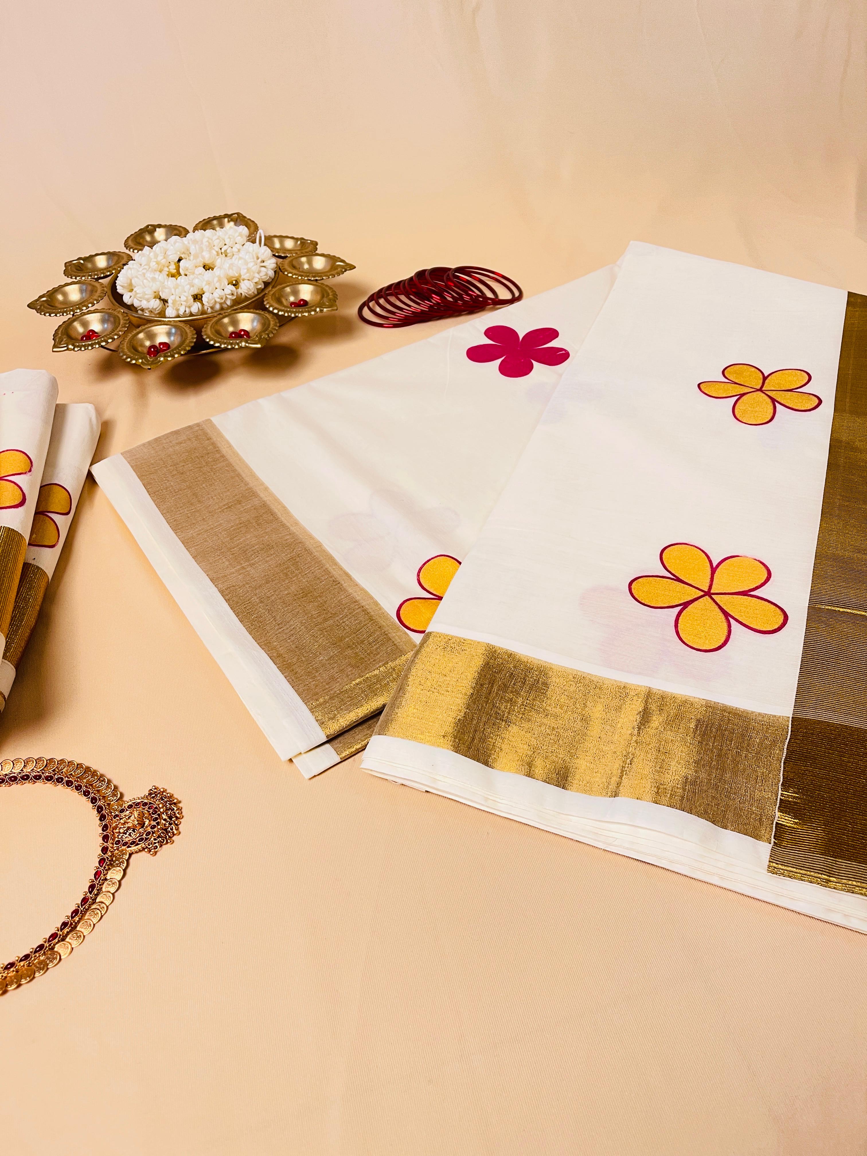 Avanthika Pink&Yellow flower Set Saree