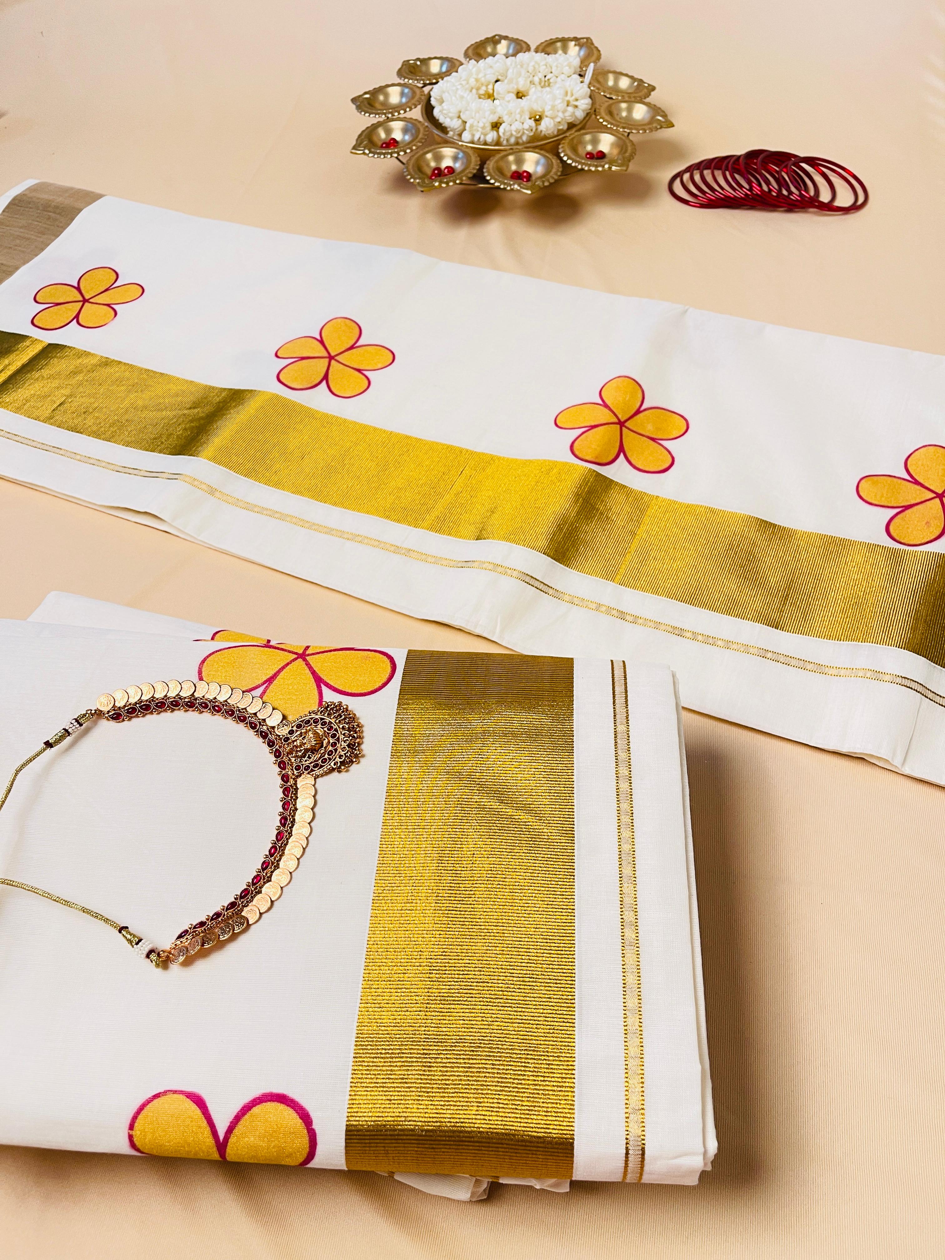 Avanthika Pink&Yellow flower Set Saree