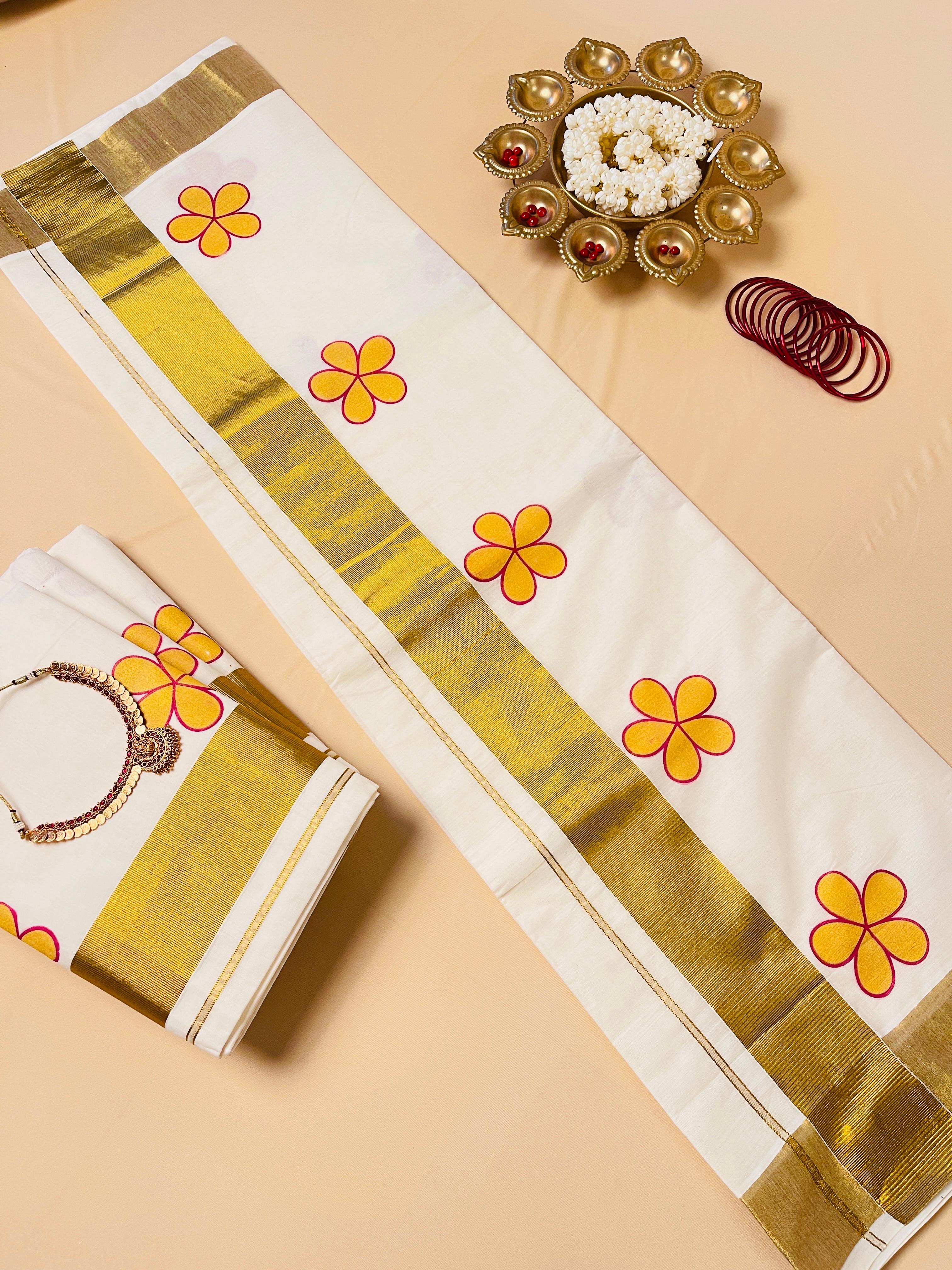 Avanthika Pink&Yellow flower Set Saree